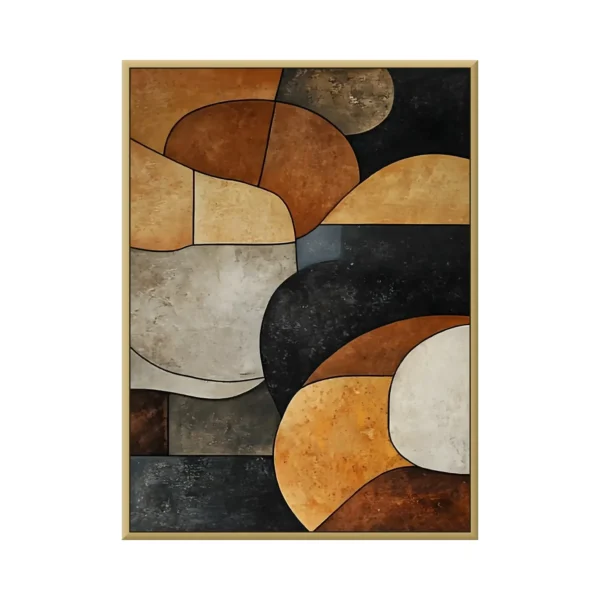 A large vertical abstract painting of rust, ochre, cream and charcoal curved shapes layered in interlocking mid-century geometric forms on a warm earthy ground.