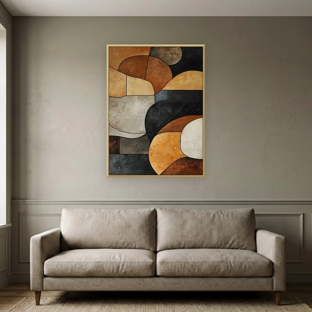 Rust ochre and charcoal mid-century geometric abstract canvas, shown above a sofa in an elegant traditional living room