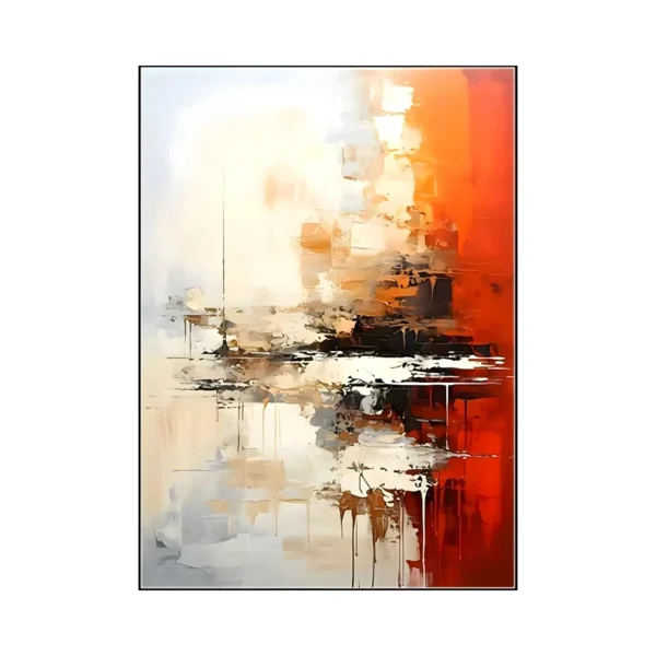 A large vertical abstract painting of red, orange, cream and gray layers stacked in horizontal palette-knife strokes, the warm right side fading to a pale left.