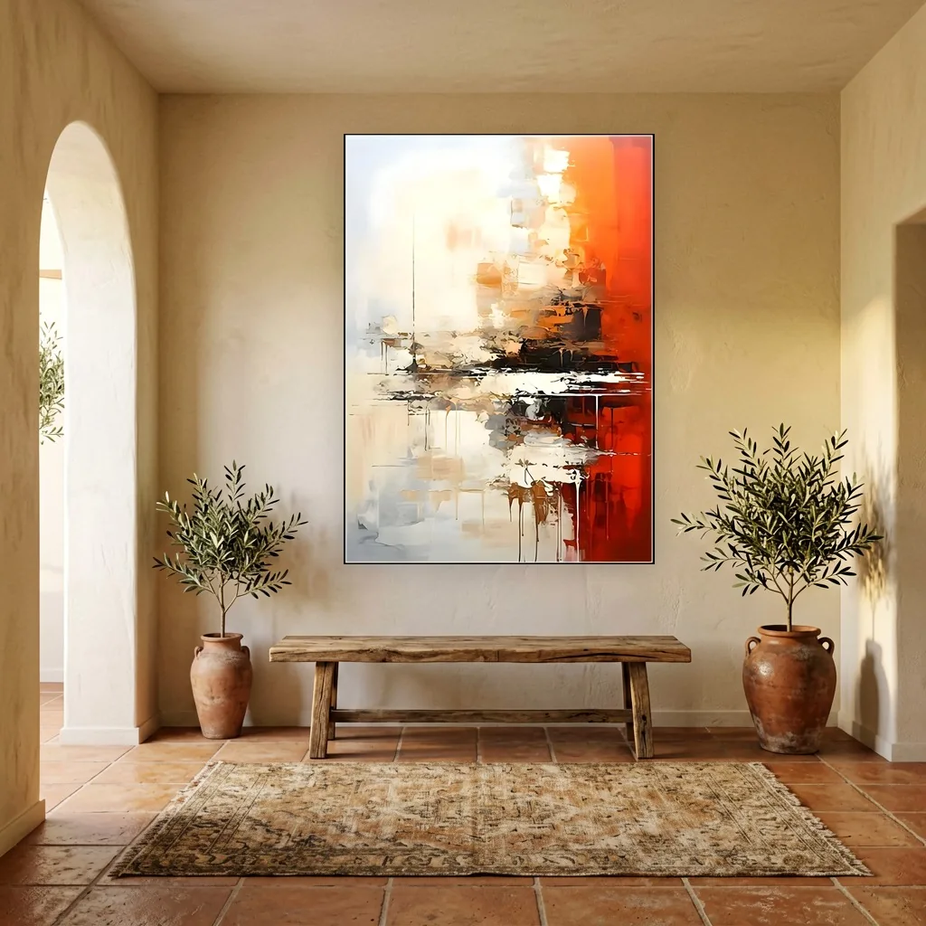 Crimson orange and cream layered abstract oil painting, shown in a Mediterranean living room with arches