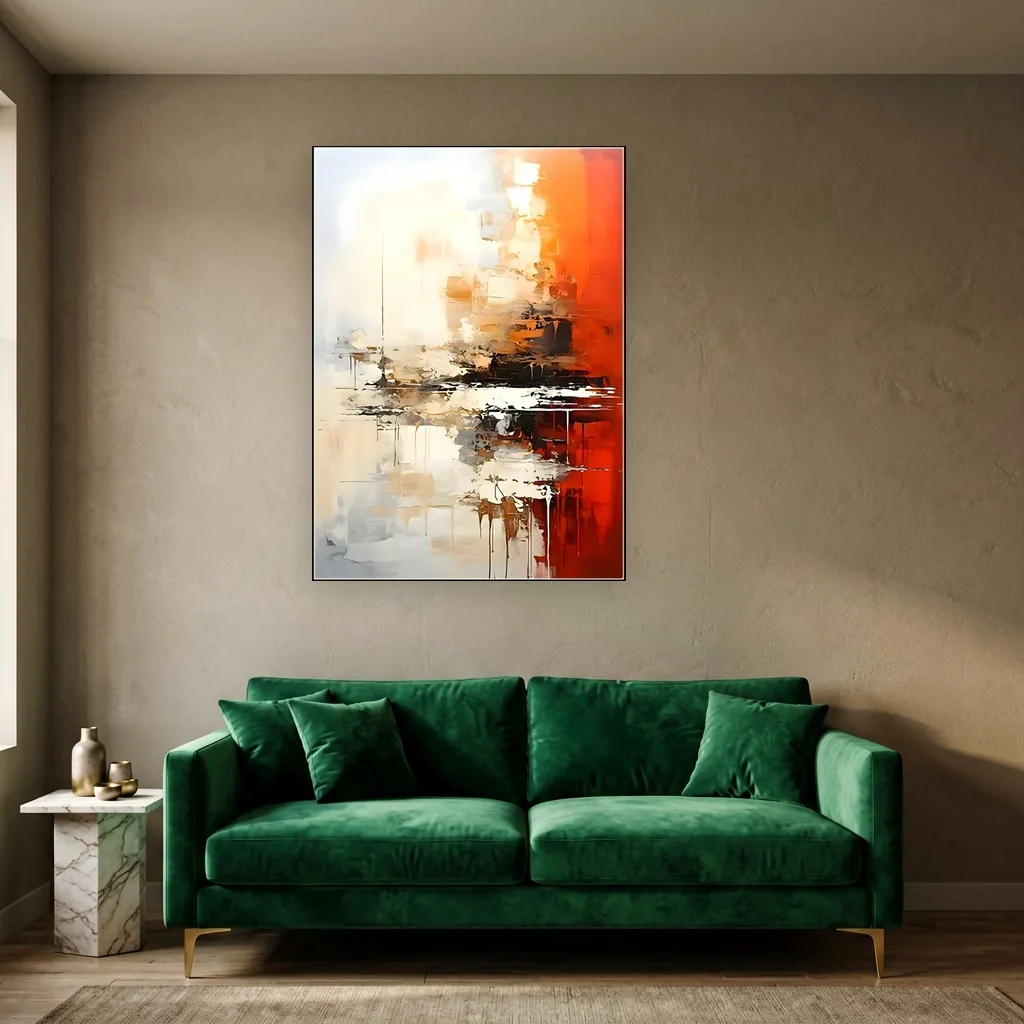 Crimson and cream layered abstract oil painting, hung on a greige plaster wall above an emerald green velvet sofa with brass legs