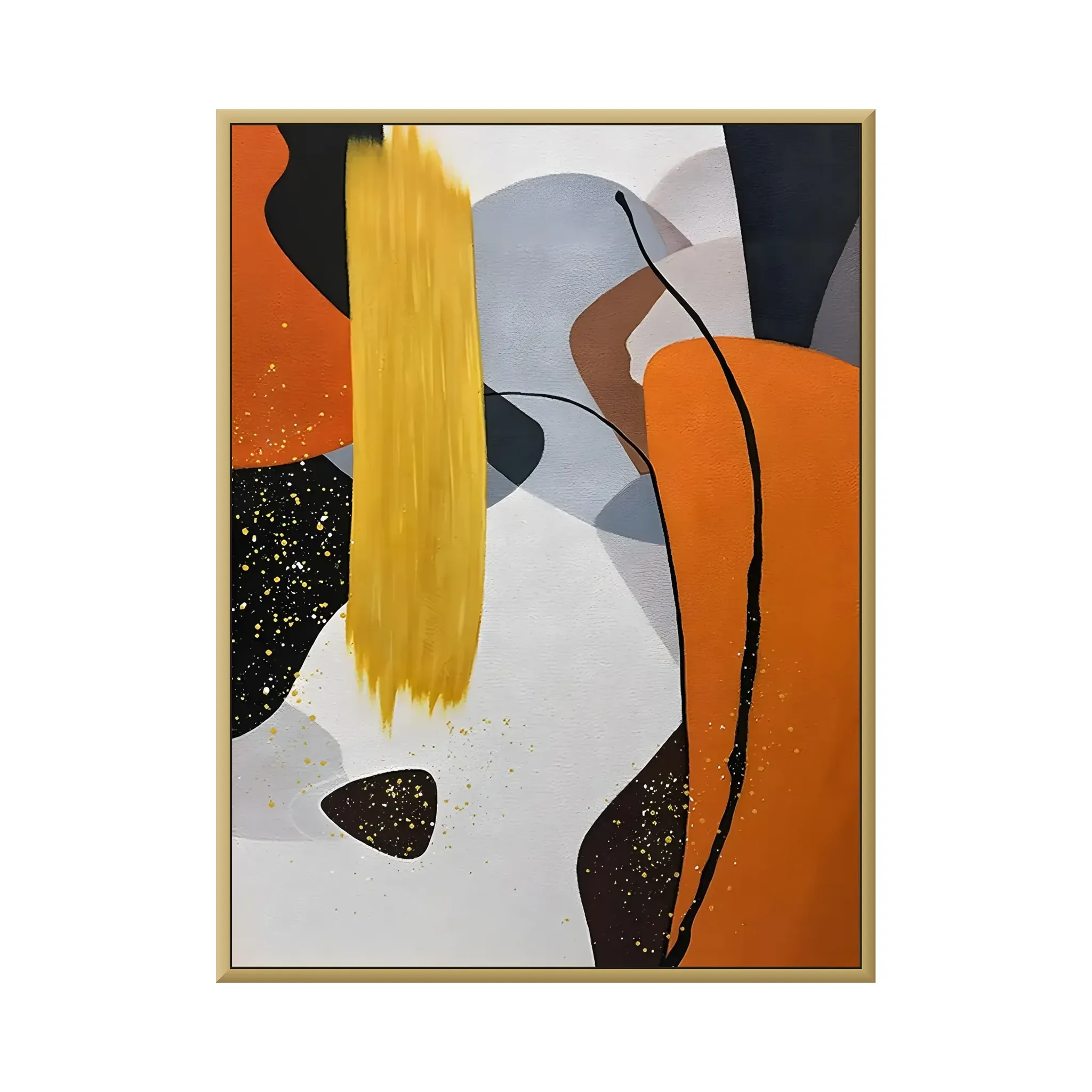 A large vertical abstract painting of orange, yellow, gray and charcoal organic shapes with fine black lines and a bold yellow stroke, on a soft cream ground.