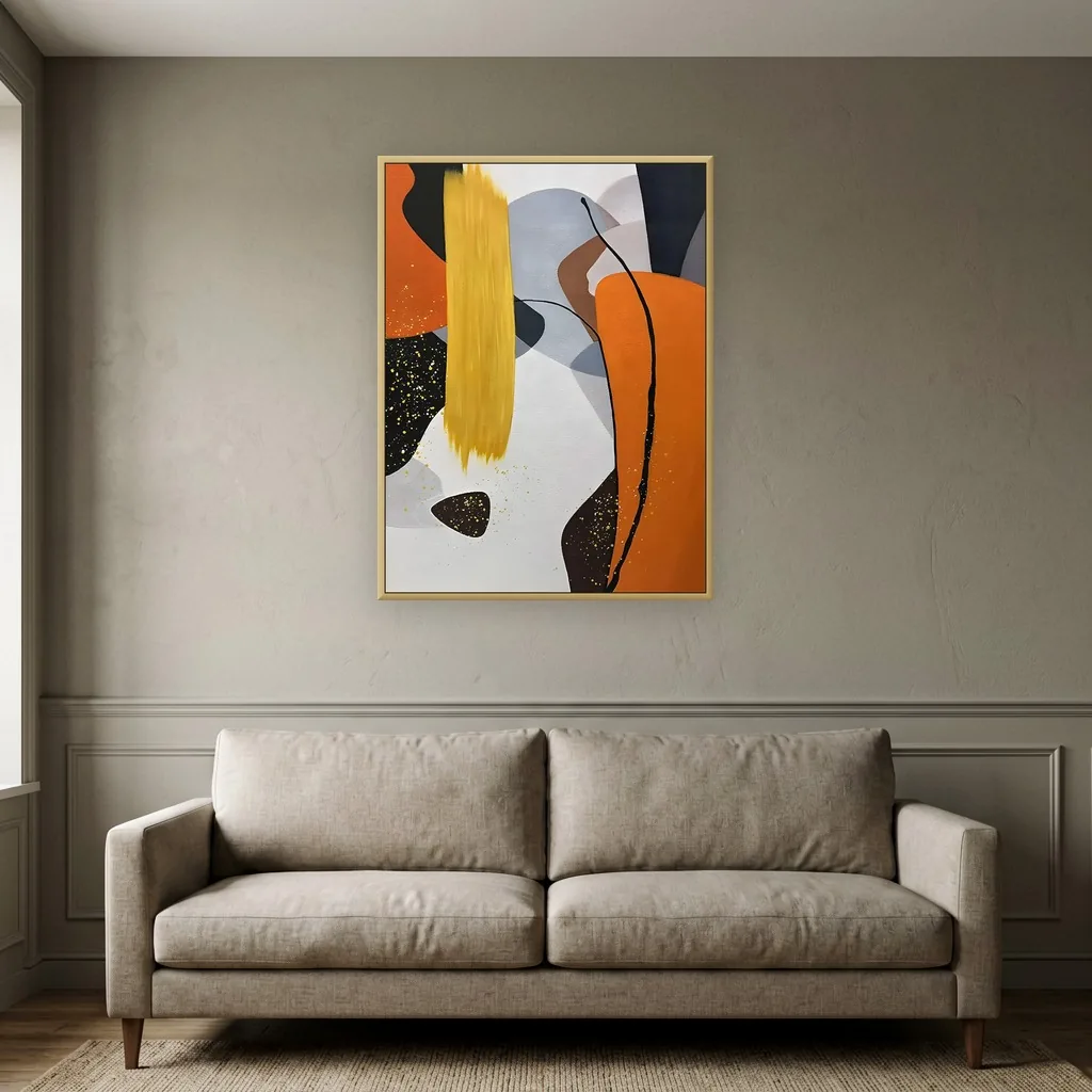 Orange yellow and gray organic shapes mid-century abstract, shown above a sofa in an elegant traditional living room