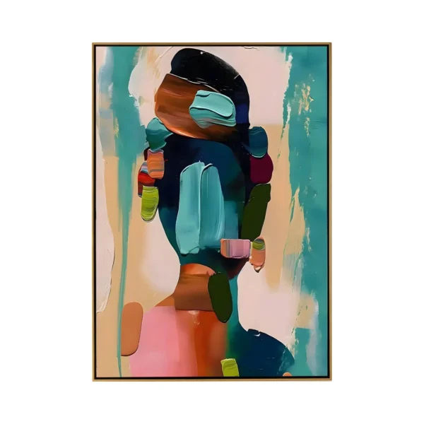 A large vertical abstract painting of a woman built from teal, pink, brown and navy palette-knife slabs on a soft pink ground, the blocky figure rendered in thick impasto.