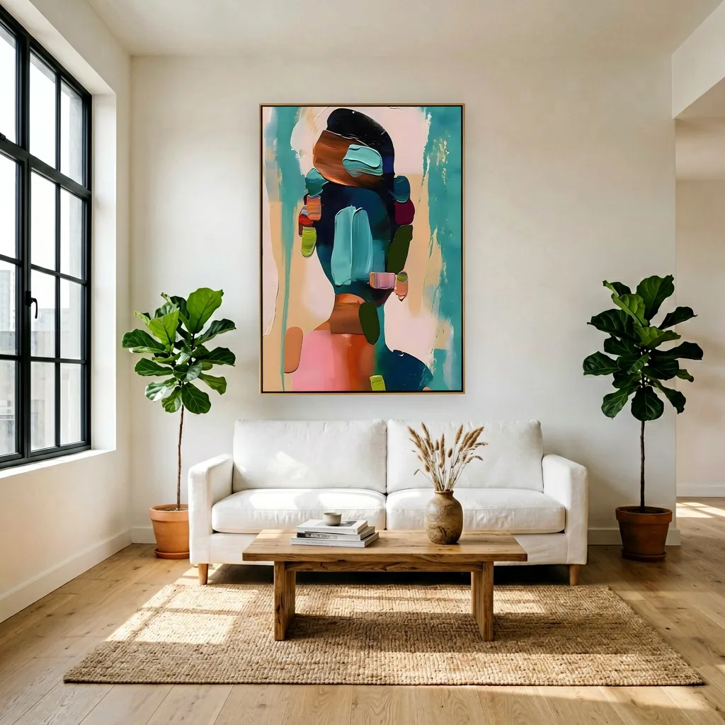 Impasto canvas painting of an abstract woman in navy, teal, and pink paint daubs, hung between two fiddle leaf figs above a white sofa in a loft living room with black-framed windows