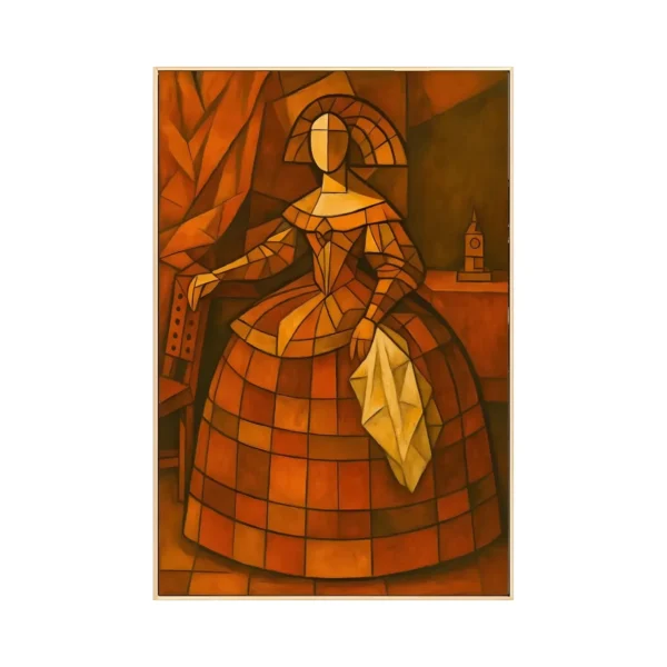 A large vertical painting of a woman in a wide bell-shaped court gown holding a folded fan, her figure and dress broken into flat geometric facets in warm terracotta, rust and cream, against a draped interior.