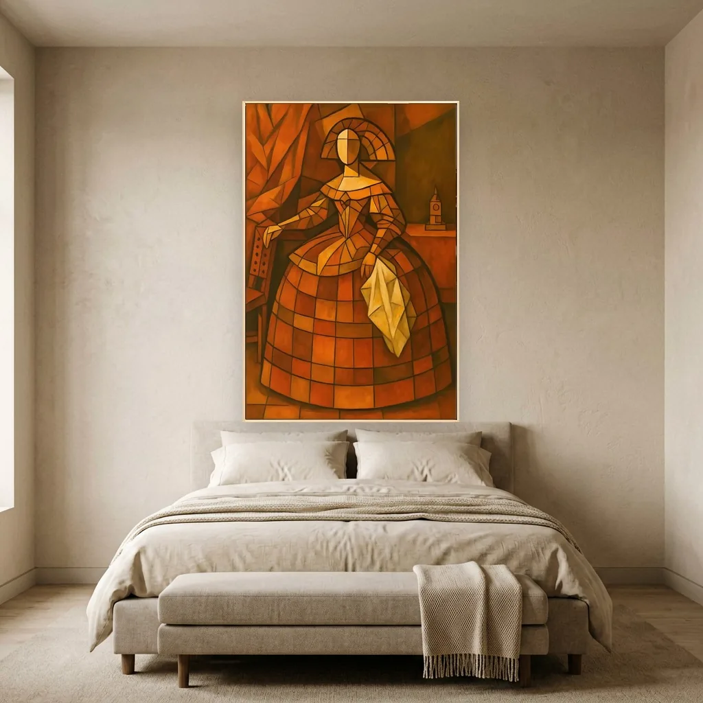 Cubist woman painting in amber and burnt sienna squares, her skirt spreading into a checkered dome, hung over a beige bed and the blanket-draped bench at its foot in a soft neutral bedroom