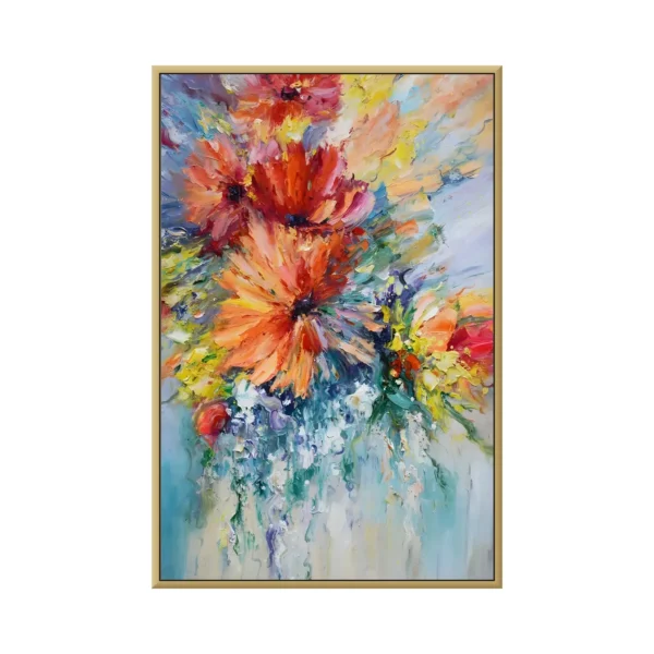 Burnt orange chrysanthemum canvas painting in a thin gold float frame, two ragged blooms opening at the upper half with yellow sparks around them and teal drips running down a pale blue ground, shot on a white background