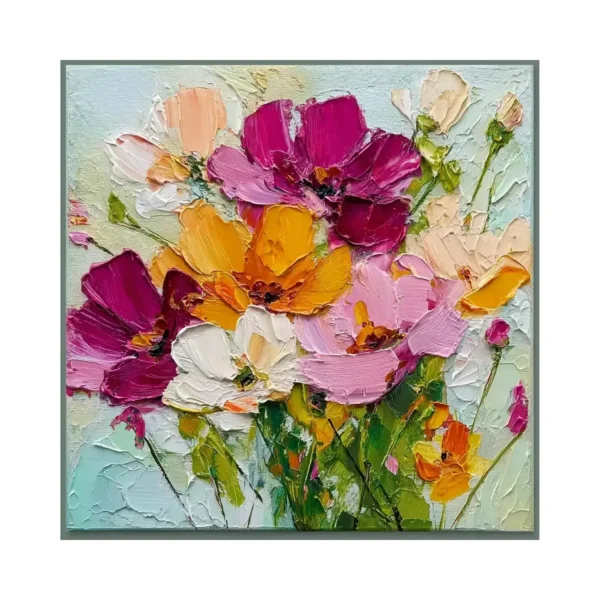 A large square painting of magenta, pink and orange wildflowers packed edge to edge with green leaves between them, the blossoms built from short thick palette-knife dabs
