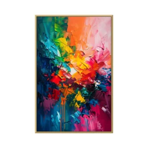 Teal and magenta impasto abstract canvas painting, hand-painted canvas in a thin gold frame on a white background