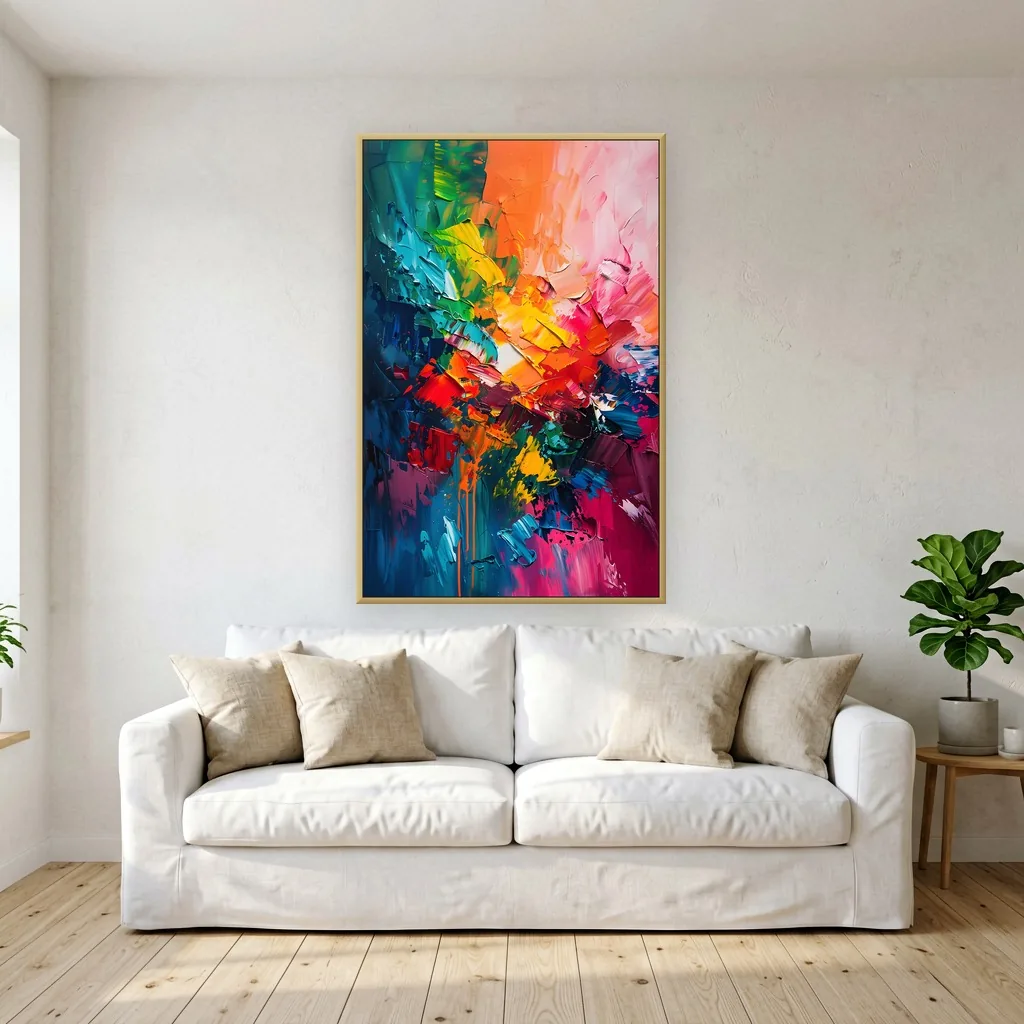Teal and magenta impasto abstract canvas painting, shown above a white sofa in a coastal living room