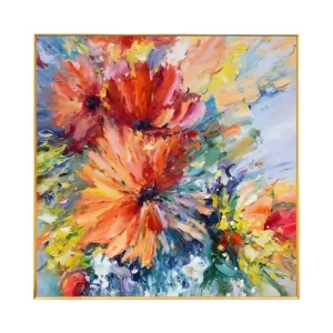Fiery orange poppy canvas painting in a thin gold frame on a white background, two large red-orange blooms with dark centers fanning open over a lilac blue ground flecked with yellow and green