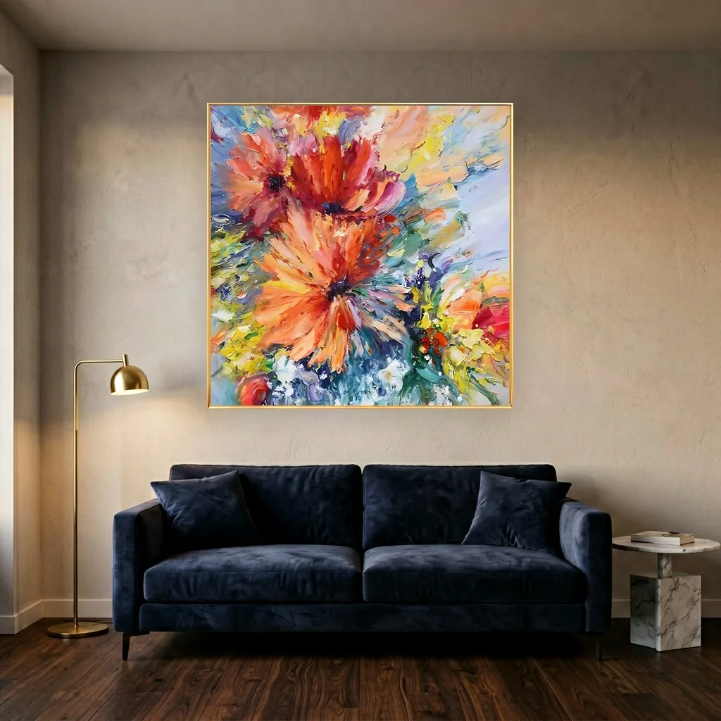 Orange and red poppy blossom wall art in heavy impasto, hung on a warm plaster wall above a navy velvet sofa with a brass floor lamp on the left and a small marble side table in a luxe living room