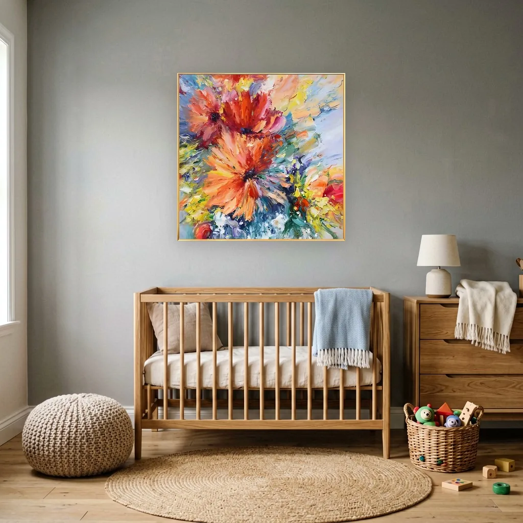 Square poppy painting in thick paint, its tangerine and scarlet petals bursting over soft blue, hung on a gray-blue nursery wall above a wood crib with a blue knit throw, near an oak dresser and a basket of toys