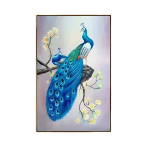 A large vertical painting of two blue and green peacocks perched on a branch among soft yellow blossom, their long eye-spotted tails trailing down, against a pale lilac-gray ground.