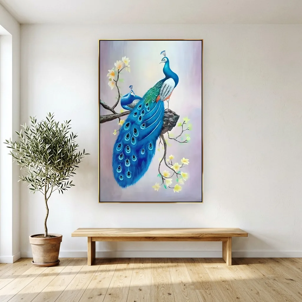 Jewel-tone blue-green branch peacock duo canvas painting, shown in a bright living room beside an olive tree