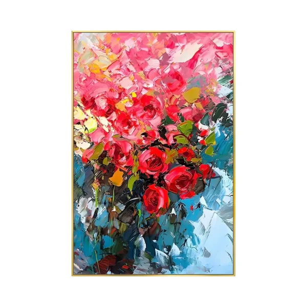 A large vertical painting of a tall bouquet of red and pink roses over a deep blue ground, the blooms massed upward and built from heavy ridged palette-knife strokes