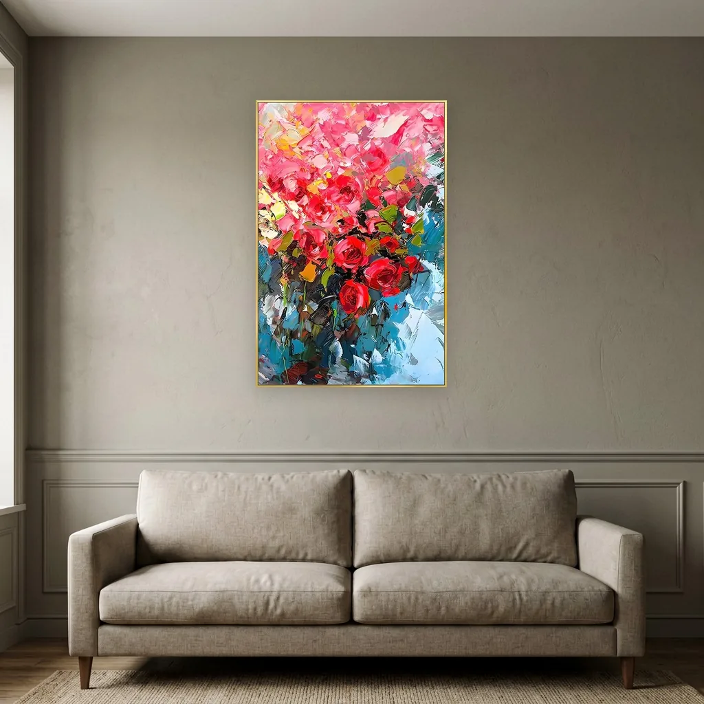 Crimson and blue impasto rose bouquet canvas painting, shown above a sofa in an elegant traditional living room