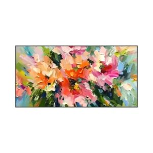 A large horizontal painting of loose orange, pink and coral abstract blooms over green foliage, the big flower shapes built from broad thick palette-knife strokes