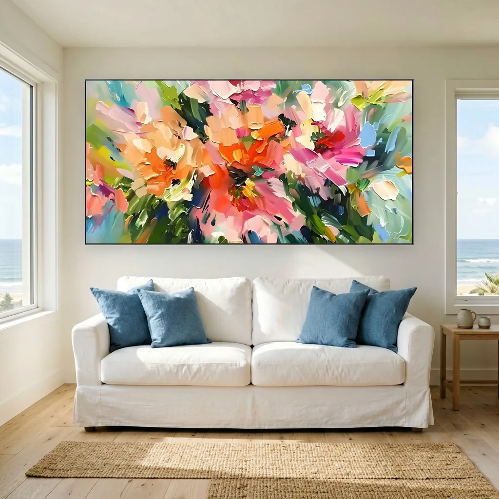 Coral and orange palette-knife oil flowers with pink and green petals fill this abstract floral canvas, hung above a white slipcovered sofa with blue pillows in a coastal living room overlooking the ocean