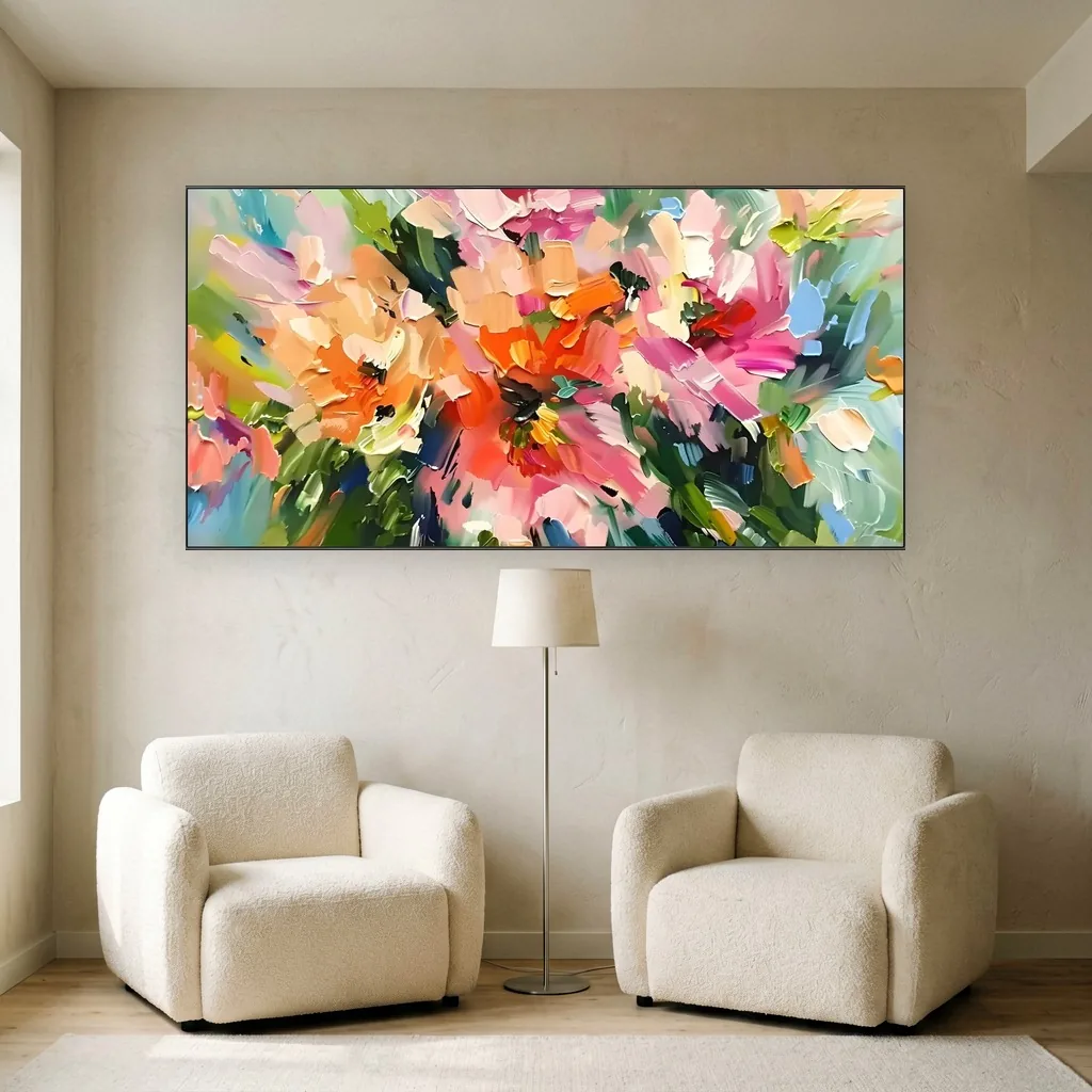 Coral and orange impasto abstract floral canvas painting, shown above accent chairs in a modern living room
