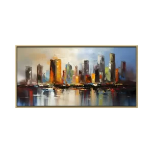 Amber and blue palette-knife oil cityscape canvas in a thin gold float frame on a white background, with orange and gray skyscrapers rising over a harbor and their reflections shimmering in the water below