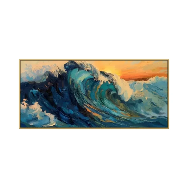 Teal and amber palette-knife oil seascape canvas in a slim gold frame on a white background, a curling turquoise wave crested with white foam rising against an orange sunset sky
