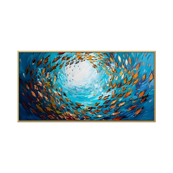 Blue & copper impasto swirling fish canvas painting CA13, framed canvas painting on white background