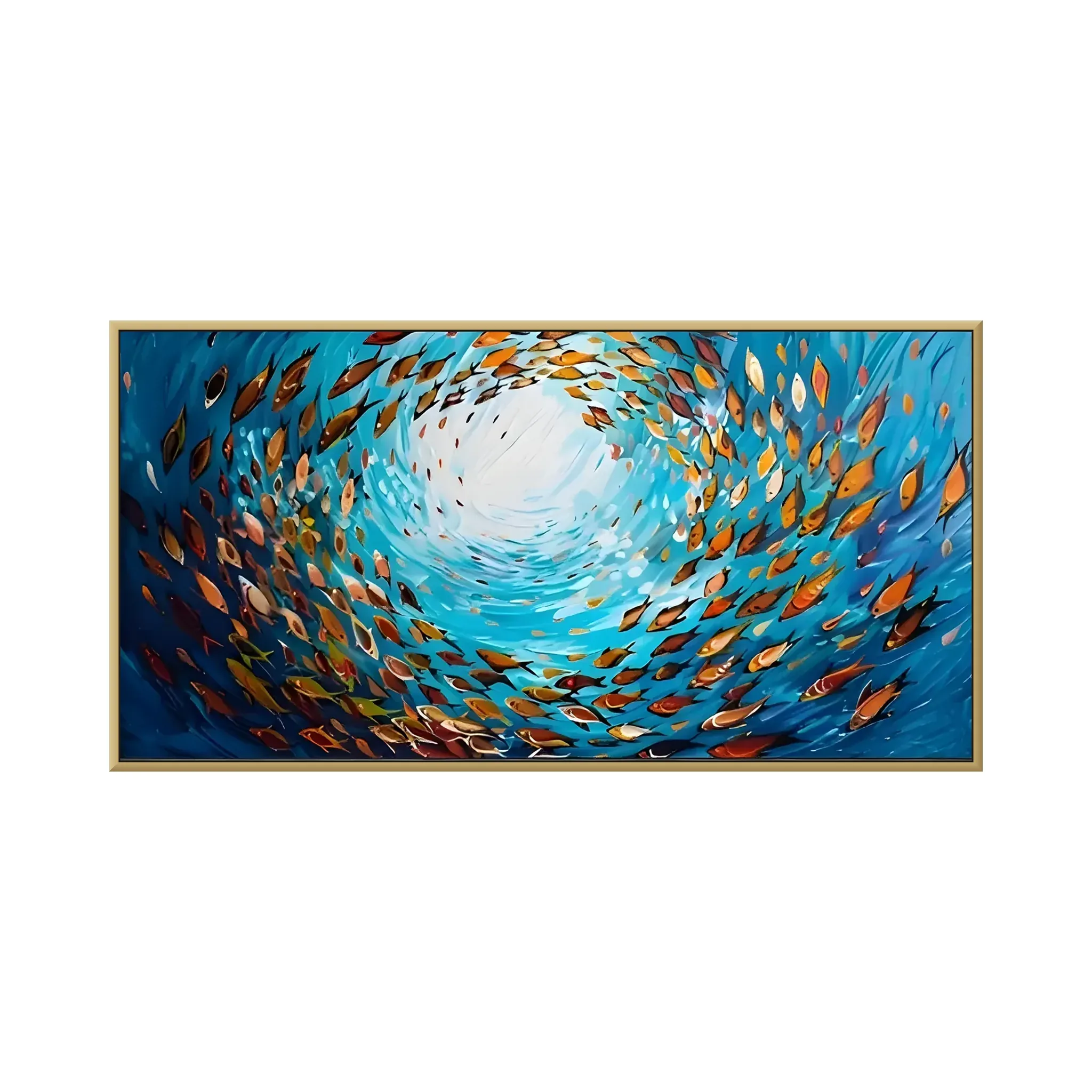 Blue & copper impasto swirling fish canvas painting CA13, framed canvas painting on white background