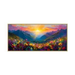 Palette-knife oil landscape canvas in a thin gold frame on a white background, a golden sunrise flaring between blue mountain ridges above a valley meadow filled with magenta, yellow, and red wildflowers