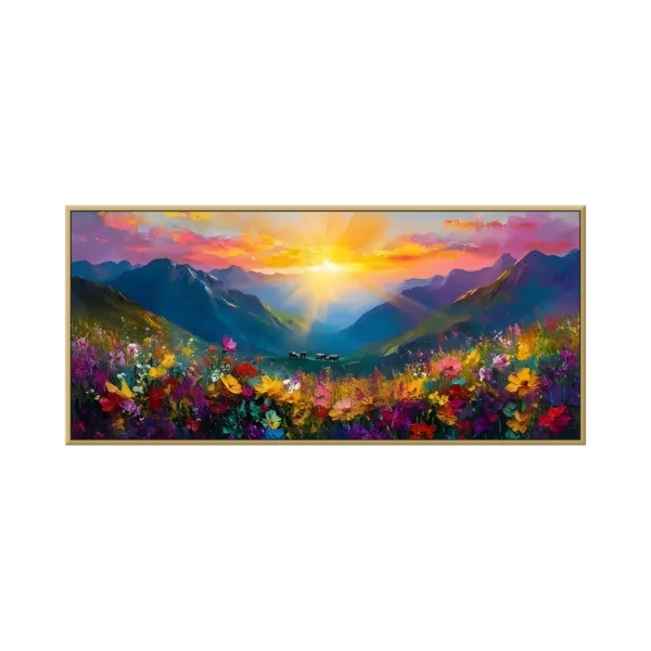 Palette-knife oil landscape canvas in a thin gold frame on a white background, a golden sunrise flaring between blue mountain ridges above a valley meadow filled with magenta, yellow, and red wildflowers