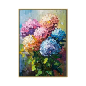 A large vertical painting of a hydrangea bouquet, magenta, blue, cream and peach flower heads above deep green leaves and stems, built from thick curling palette-knife strokes, on a soft blue ground.