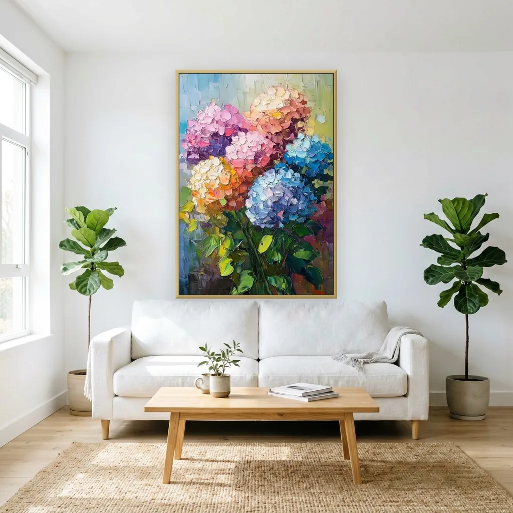 Pink and blue palette-knife acrylic hydrangea canvas in a slim gold frame hung above a white sofa in a bright living room, with potted fiddle leaf figs on either side and a light wood coffee table on a jute rug