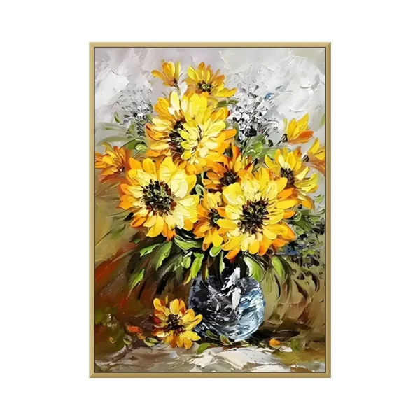 Sunflowers in a blue and white vase impasto canvas painting CA18, framed canvas painting on white background