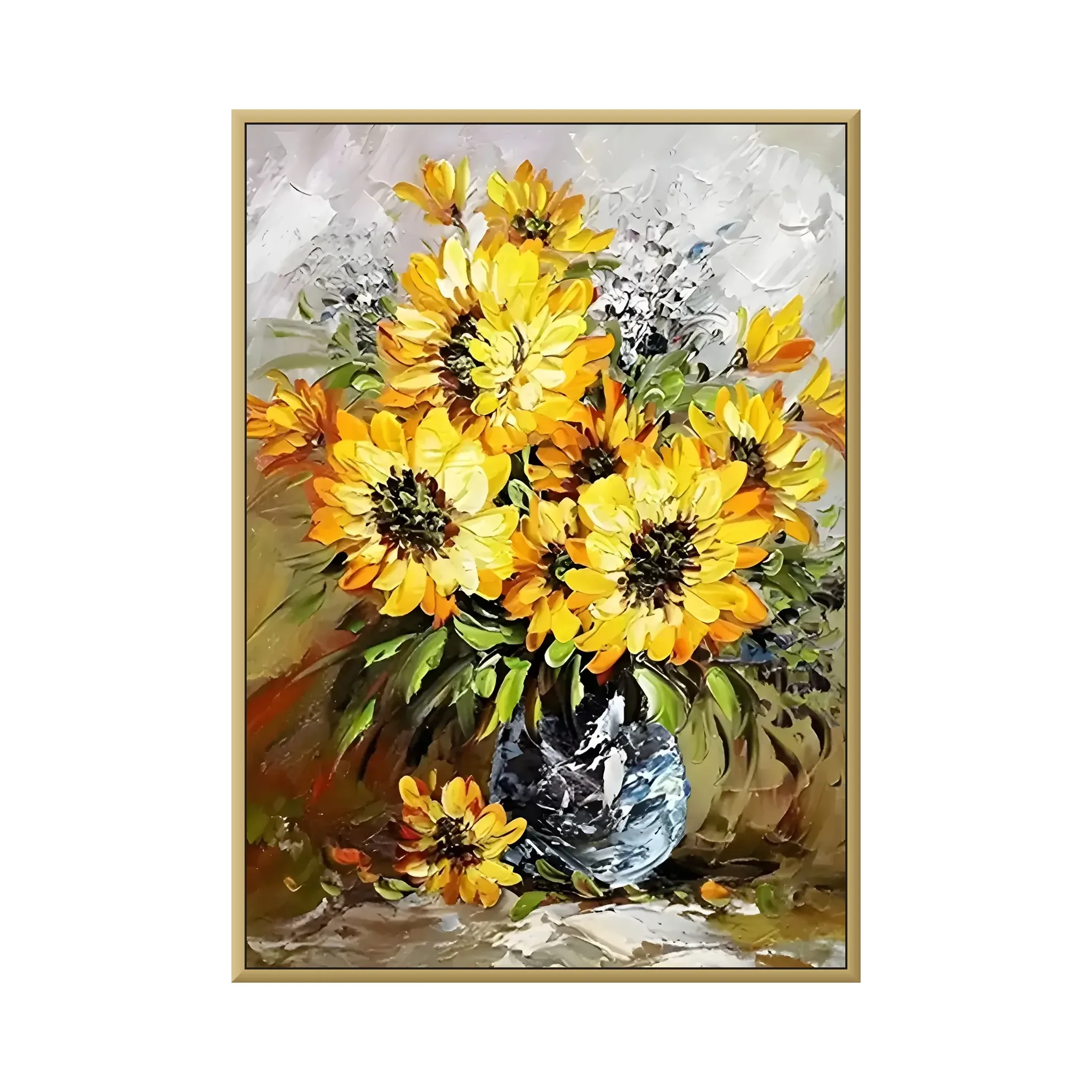 Sunflowers in a blue and white vase impasto canvas painting, framed canvas on a white background