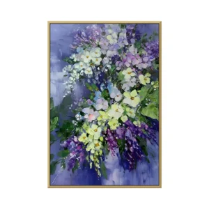 White and purple flowers on blue impasto canvas painting CA19, framed canvas painting on white background