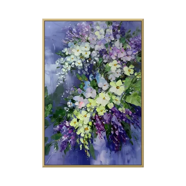 White and purple flowers on blue impasto canvas painting CA19, framed canvas painting on white background