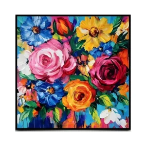 A large square painting of a layered pink rose at the center, a deep crimson rose to the right and an orange rose below, ringed by blue cornflowers, a yellow daisy and red buds among dark green leaves, in heavy palette-knife paint.