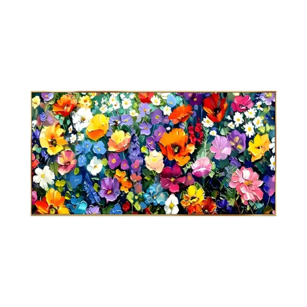A large horizontal painting of densely massed flowers: red poppies, orange and yellow blooms, purple and pink petals and small blue and white flowers among dark green leaves, filling the whole frame in thick palette-knife paint.