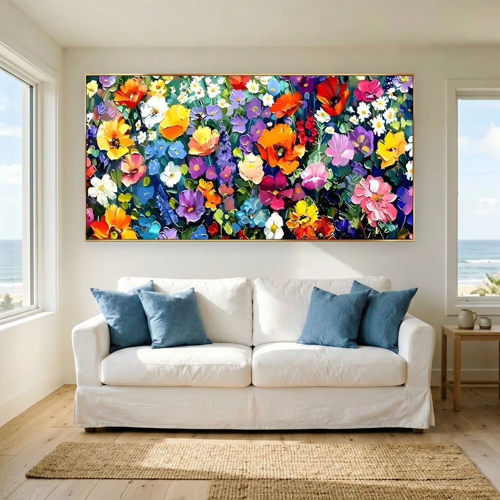 Palette-knife oil flower garden painting dense with orange poppies, purple blossoms, and white daisies, hung over a white sofa with blue pillows between two ocean view windows in a coastal living room