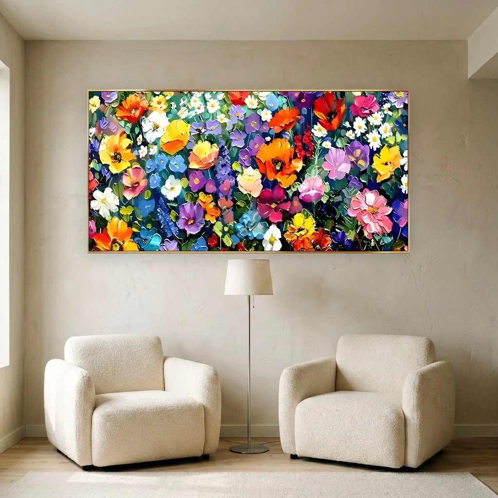 Magenta and orange abstract flower garden oil painting, shown above accent chairs in a modern living room