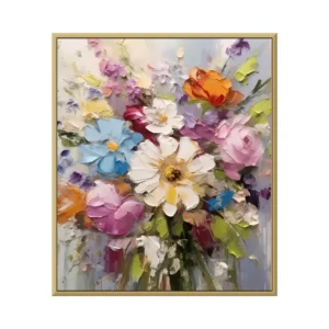 Coral pink and orange flower bouquet canvas painting, hand-painted canvas in a thin gold frame on a white background