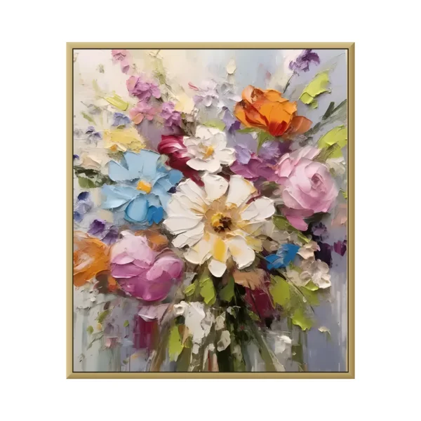 Coral pink and orange flower bouquet canvas painting, hand-painted canvas in a thin gold frame on a white background