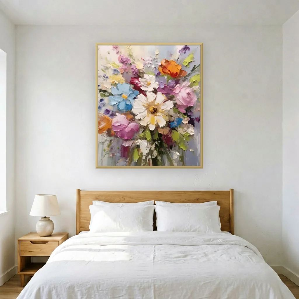 Coral pink and orange flower bouquet canvas painting, shown above the bed in a white Scandinavian bedroom