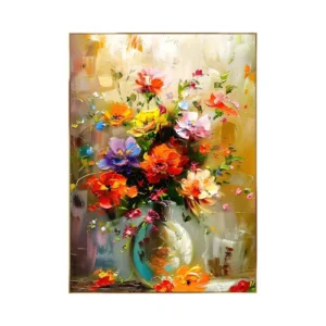 A large vertical painting of a warm bouquet in a pale round vase, orange, yellow and red flowers with a few purple blooms against a golden glowing background, in loose palette-knife oil.