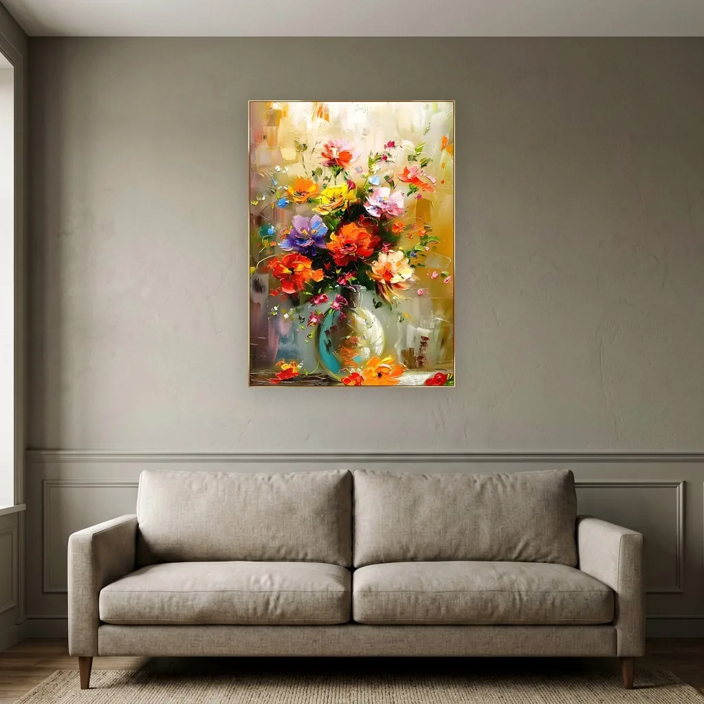 Amber and red flower bouquet impasto canvas painting, shown above a sofa in an elegant traditional living room
