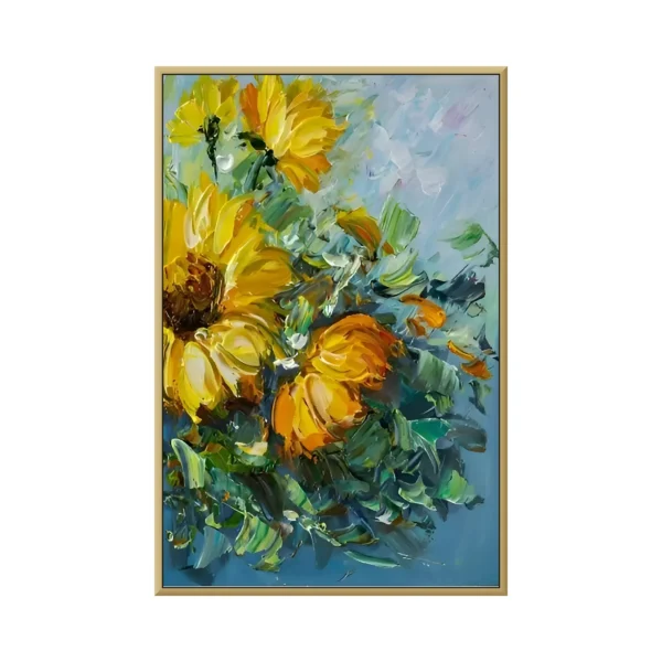 Golden yellow impasto sunflower bloom canvas painting, hand-painted canvas in a thin gold frame on a white background