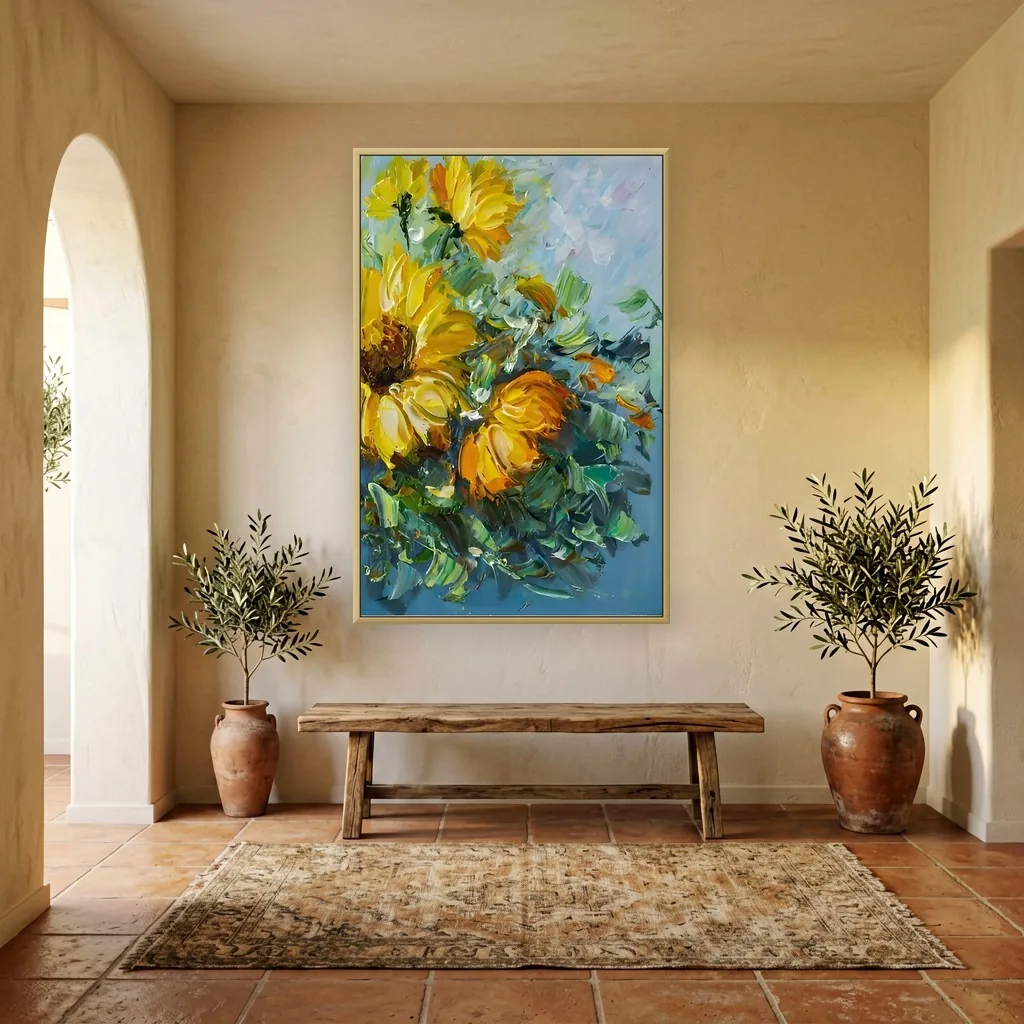 Golden yellow impasto sunflower bloom canvas painting, shown in a Mediterranean living room with arches