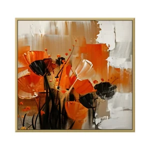 A large square painting of orange and black poppies on tall thin stems rising from the lower edge, a few white blooms among them, against a blocky cream, gray and white brushed background, in thick palette-knife paint