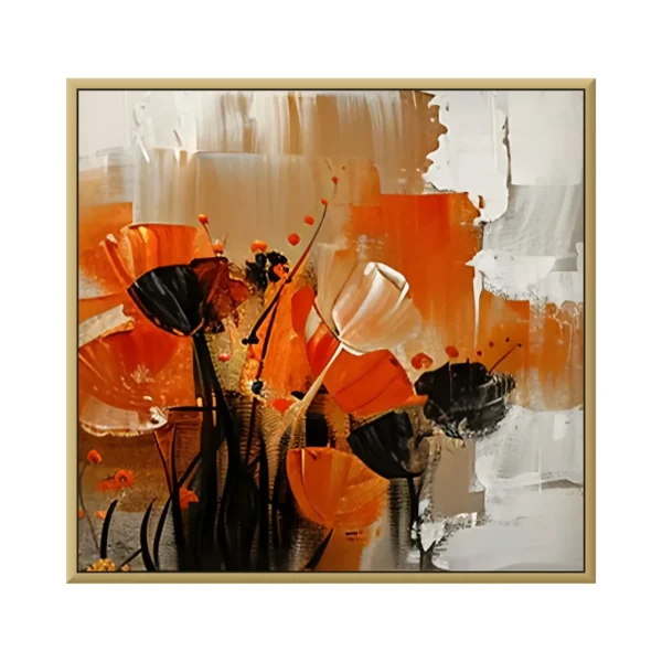 A large square painting of orange and black poppies on tall thin stems rising from the lower edge, a few white blooms among them, against a blocky cream, gray and white brushed background, in thick palette-knife paint